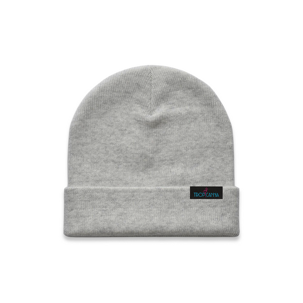 grey beanie with tropicanna woven label